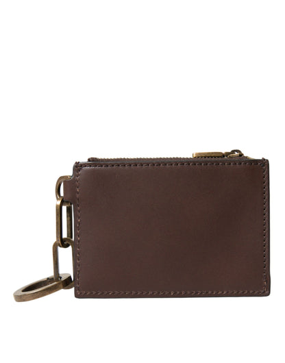 Dolce &amp; Gabbana Brown Leather Zip Logo Keyring Coin Purse Keyring Wallet