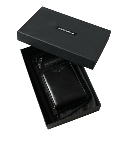 Dolce &amp;amp; Gabbana Plånbok Svart Hästskinn Dragkedja Logotyp Axelremsväska Telefonfack