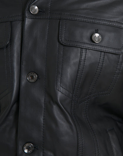Dolce &amp; Gabbana Black Leather Fur Collar Biker Coat Jacket
