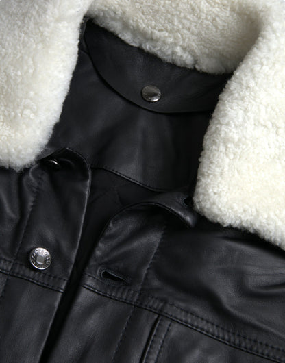 Dolce &amp; Gabbana Black Leather Fur Collar Biker Coat Jacket