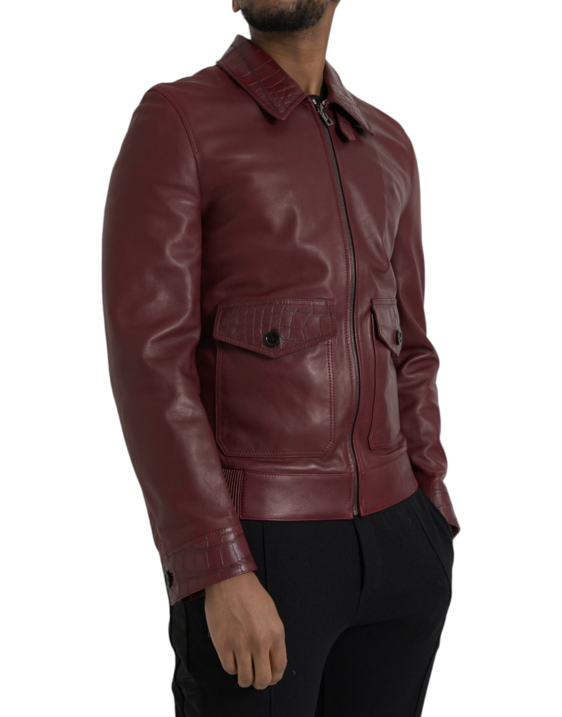 Dolce &amp; Gabbana Maroon Exotic Leather Zip Biker Coat Jacket