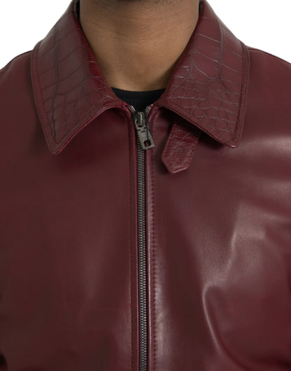 Dolce &amp; Gabbana Maroon Exotic Leather Zip Biker Coat Jacket