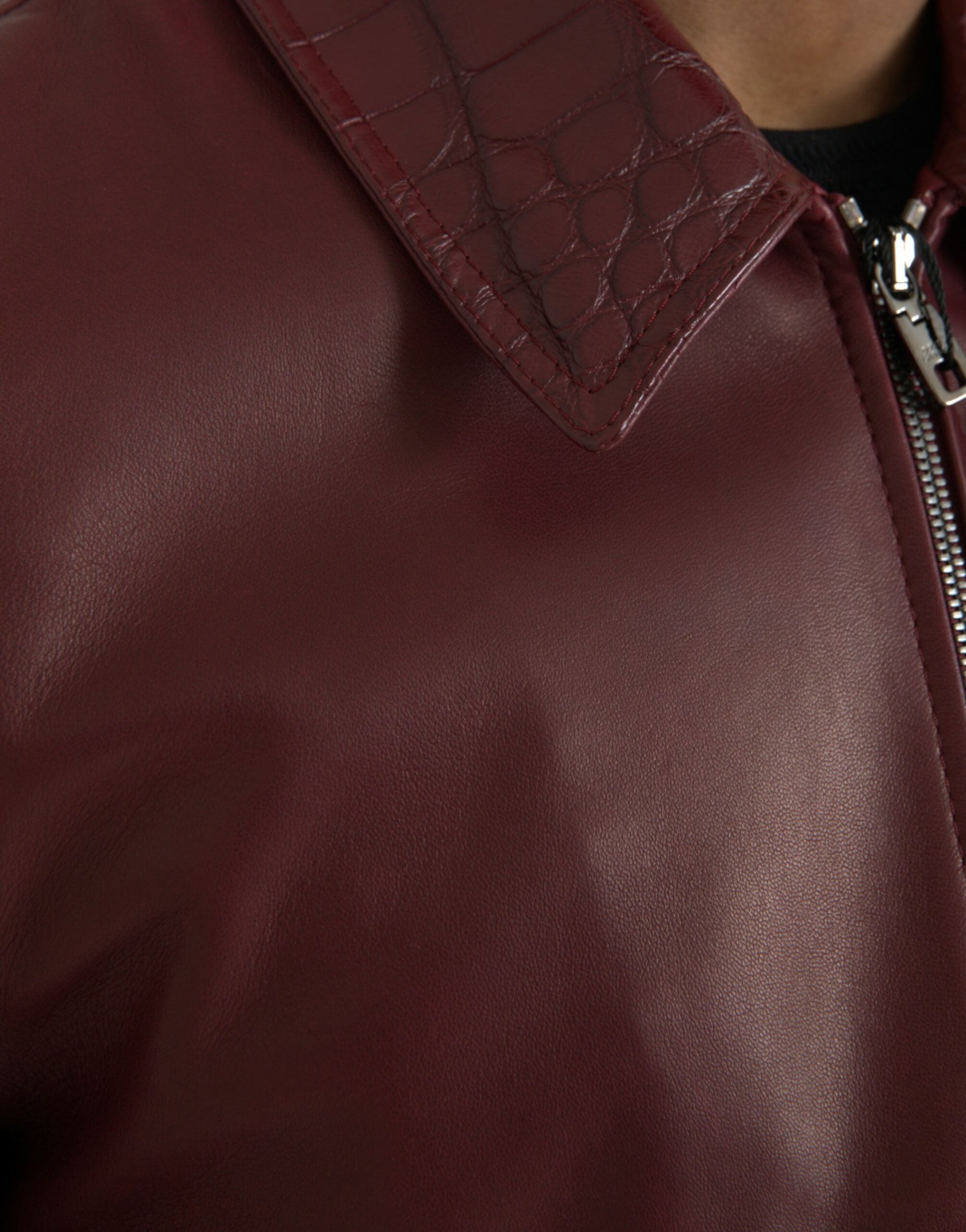 Dolce &amp; Gabbana Maroon Exotic Leather Zip Biker Coat Jacket