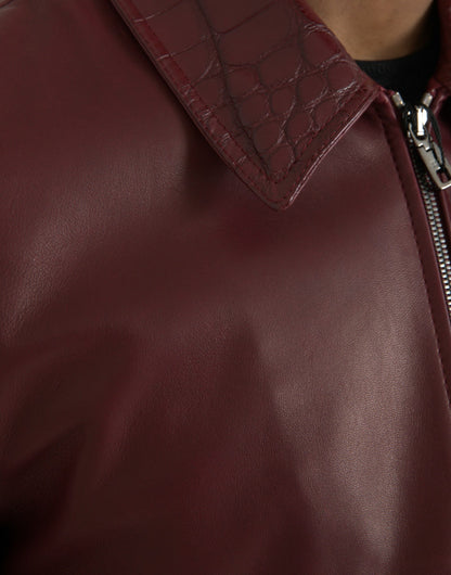 Dolce &amp; Gabbana Maroon Exotic Leather Zip Biker Coat Jacket