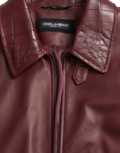 Dolce &amp; Gabbana Maroon Exotic Leather Zip Biker Coat Jacket