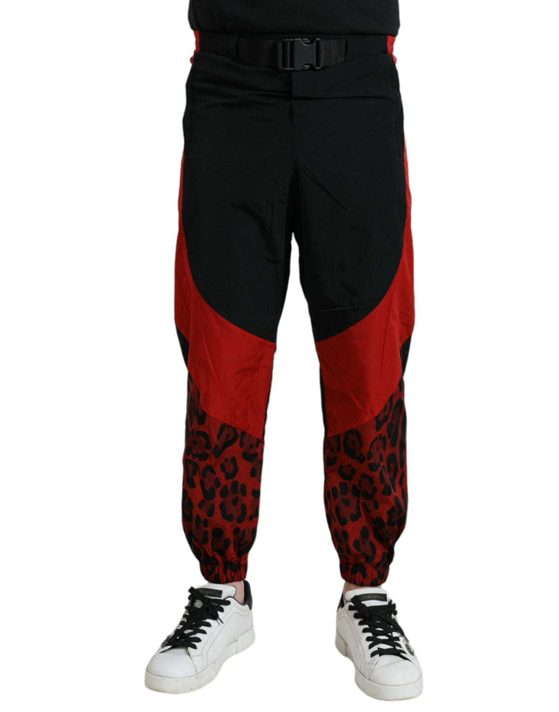 Dolce &amp;amp; Gabbana Svarta Röda Leopardmönstrade Nylon Joggingbyxor