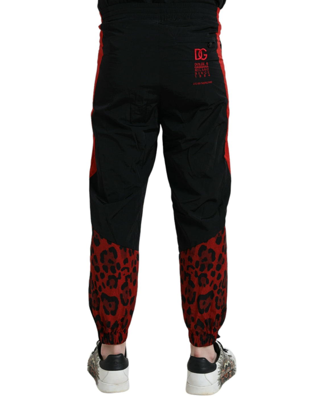 Dolce &amp;amp; Gabbana Svarta Röda Leopardmönstrade Nylon Joggingbyxor