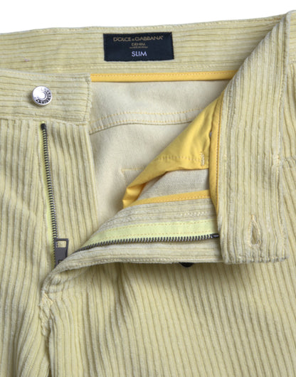 Dolce &amp; Gabbana Yellow Corduroy Logo Plaque Skinny Denim Jeans