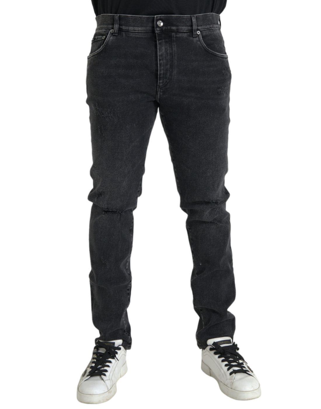 Dolce &amp;amp; Gabbana Grå Bomullsstretch Skinny Denim Jeans Med Logotyp