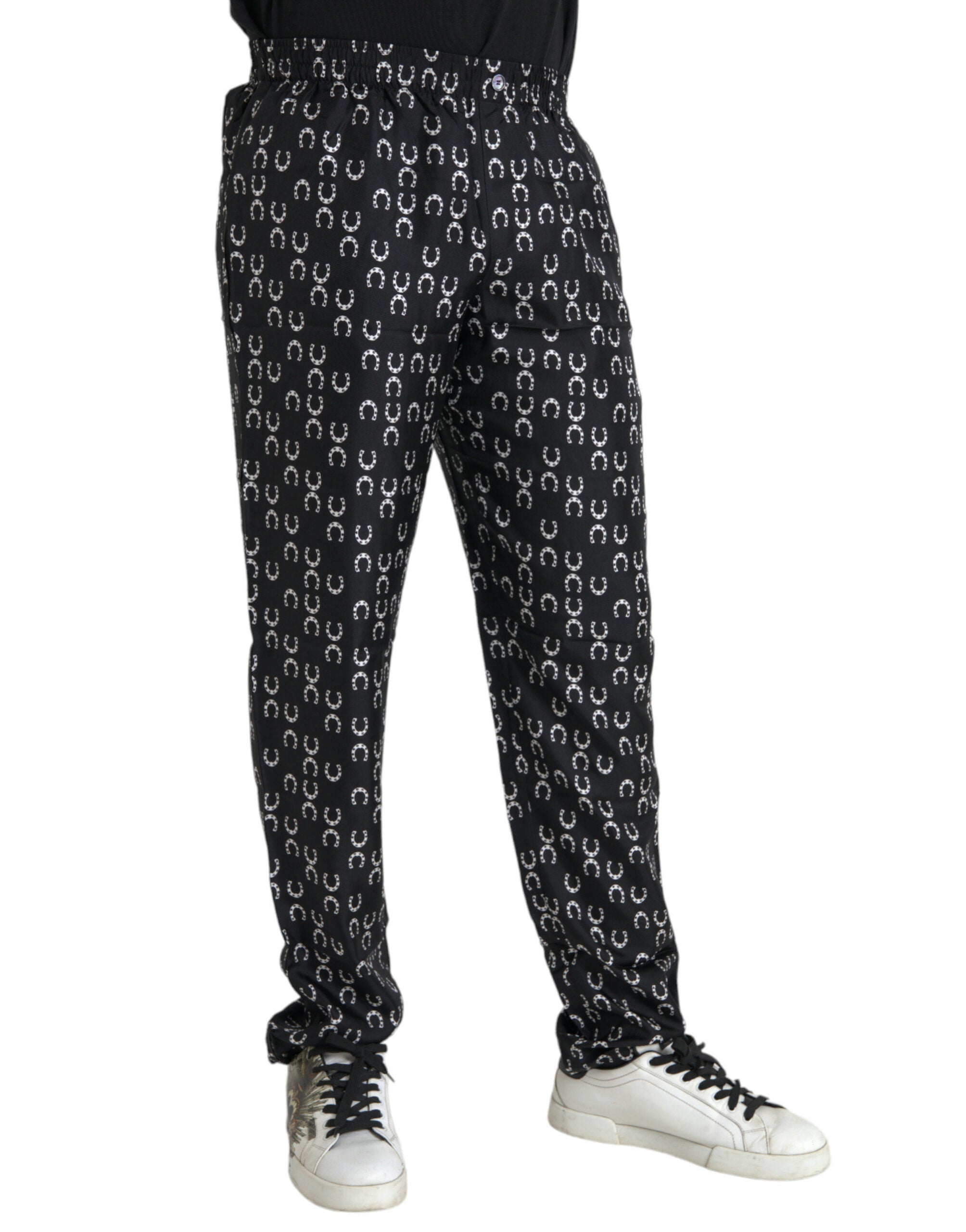 Dolce &amp; Gabbana Black Horseshoe Print Silk Pants