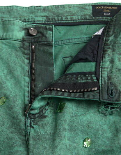Dolce &amp; Gabbana Green Crystals Cotton Stretch Slim Jeans
