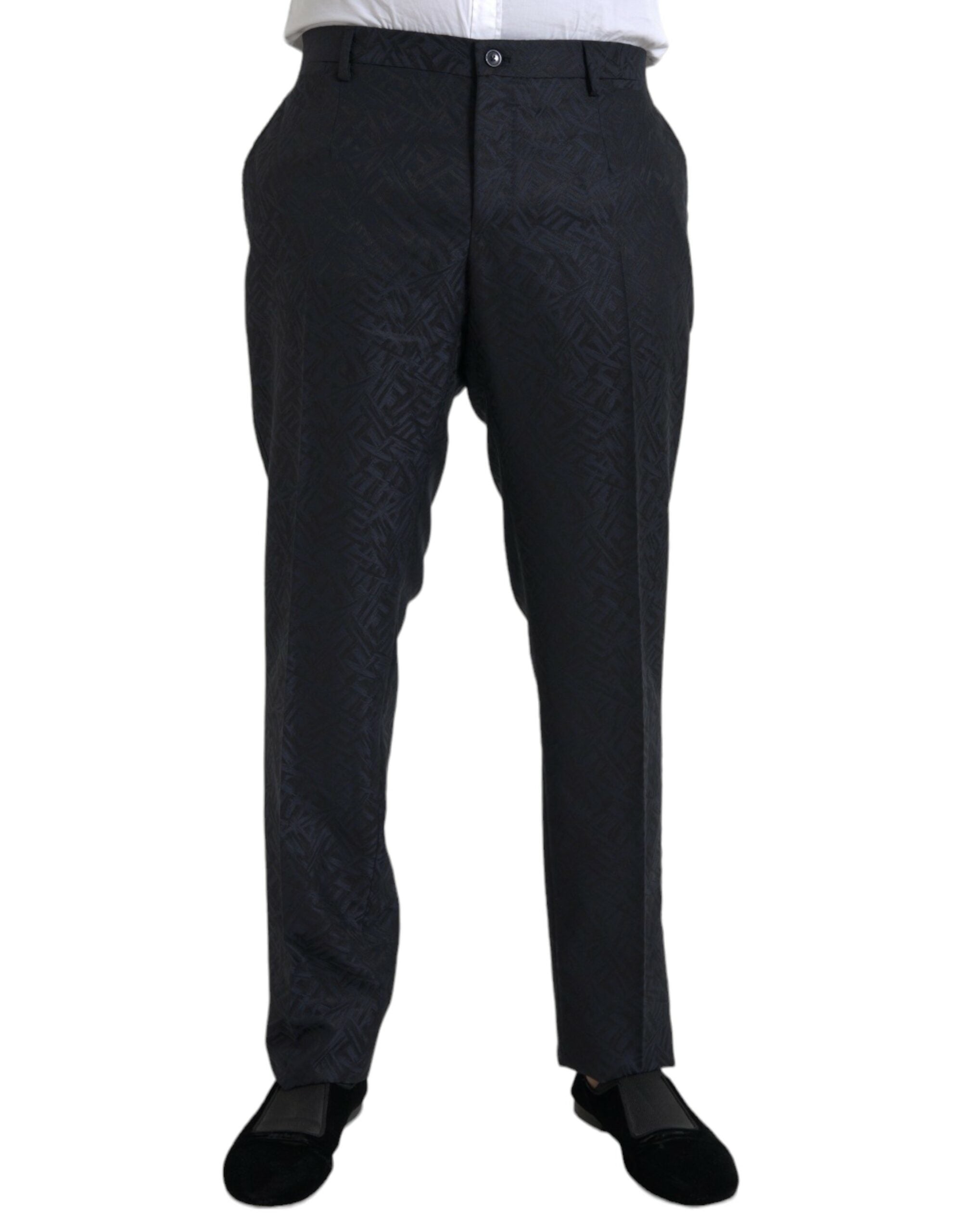 Dolce &amp; Gabbana Blue Brocade Wool Skinny Men Dress Pants