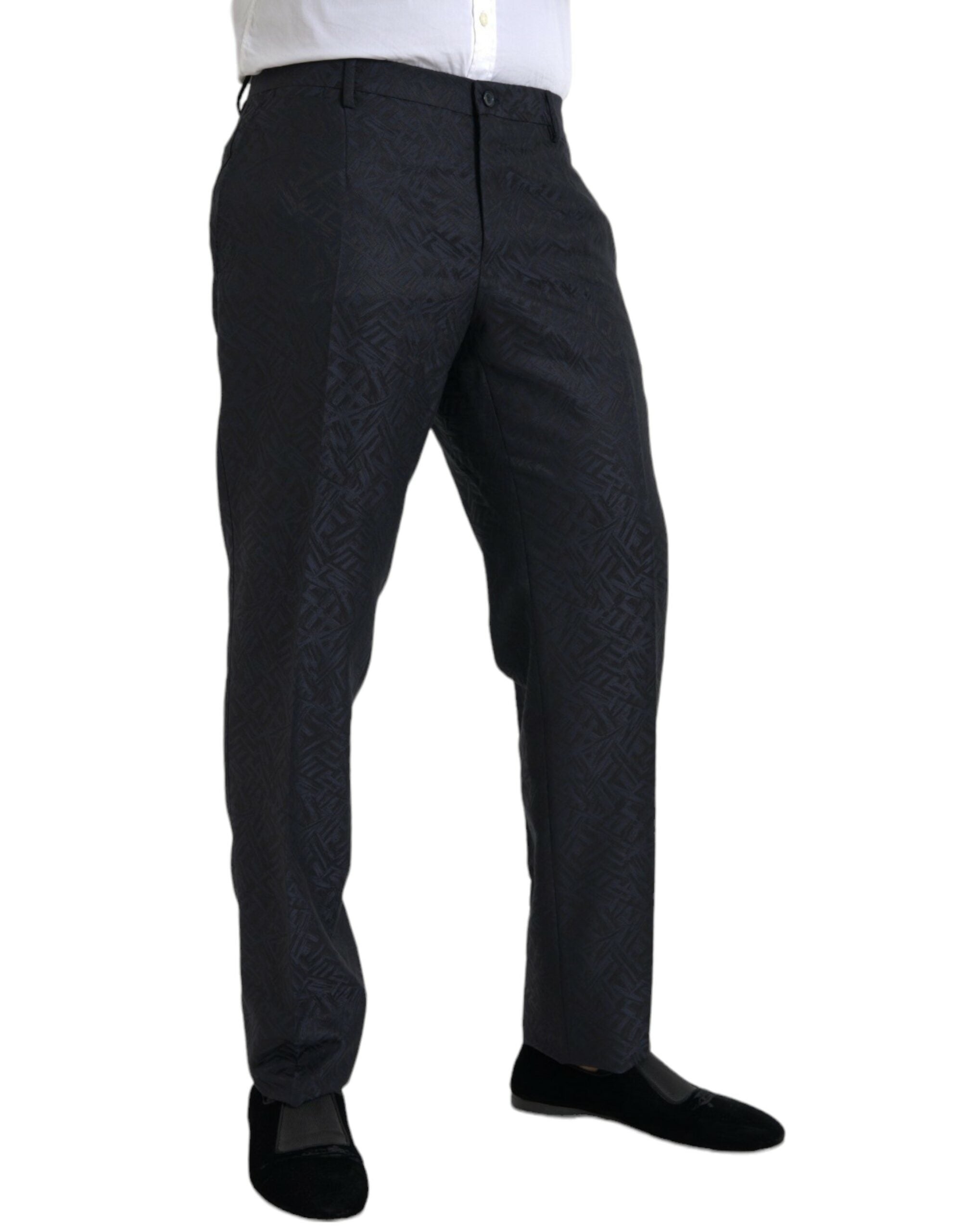 Dolce &amp; Gabbana Blue Brocade Wool Skinny Men Dress Pants