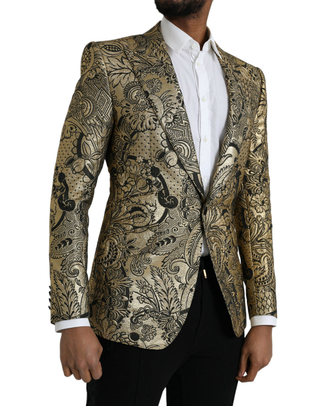 Dolce &amp;amp; Gabbana Guldfärgad SICILIA Jacquard Enkelknäppt Kavaj