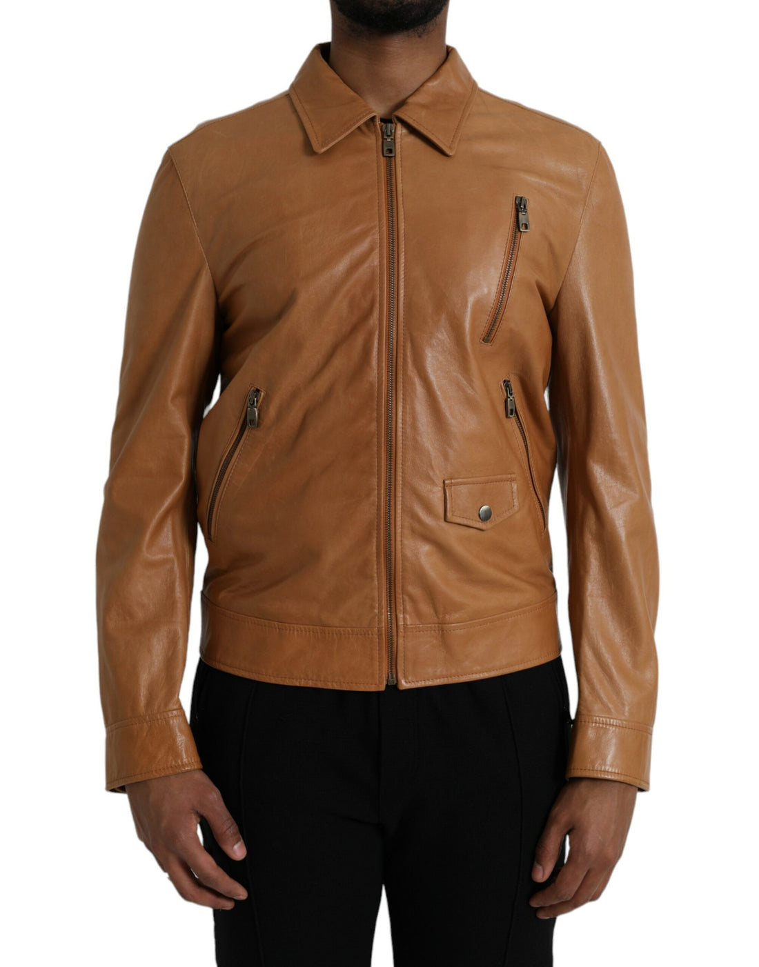 Dolce &amp; Gabbana Brown Lamb Leather Full Zip Blouson Jacket