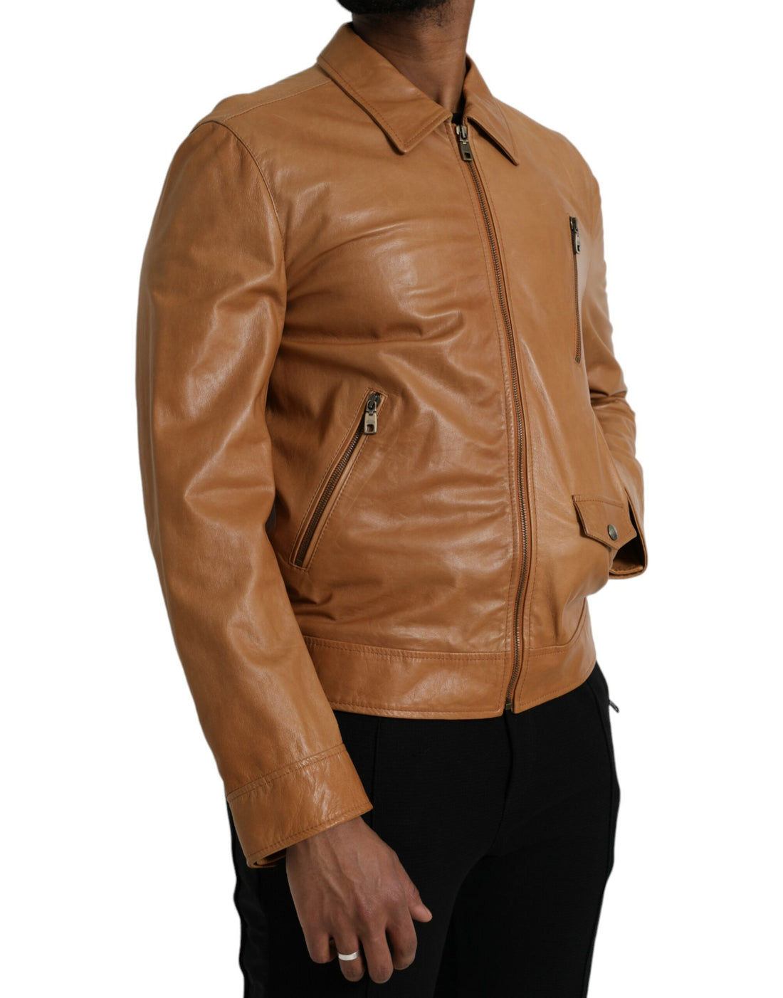 Dolce &amp; Gabbana Brown Lamb Leather Full Zip Blouson Jacket