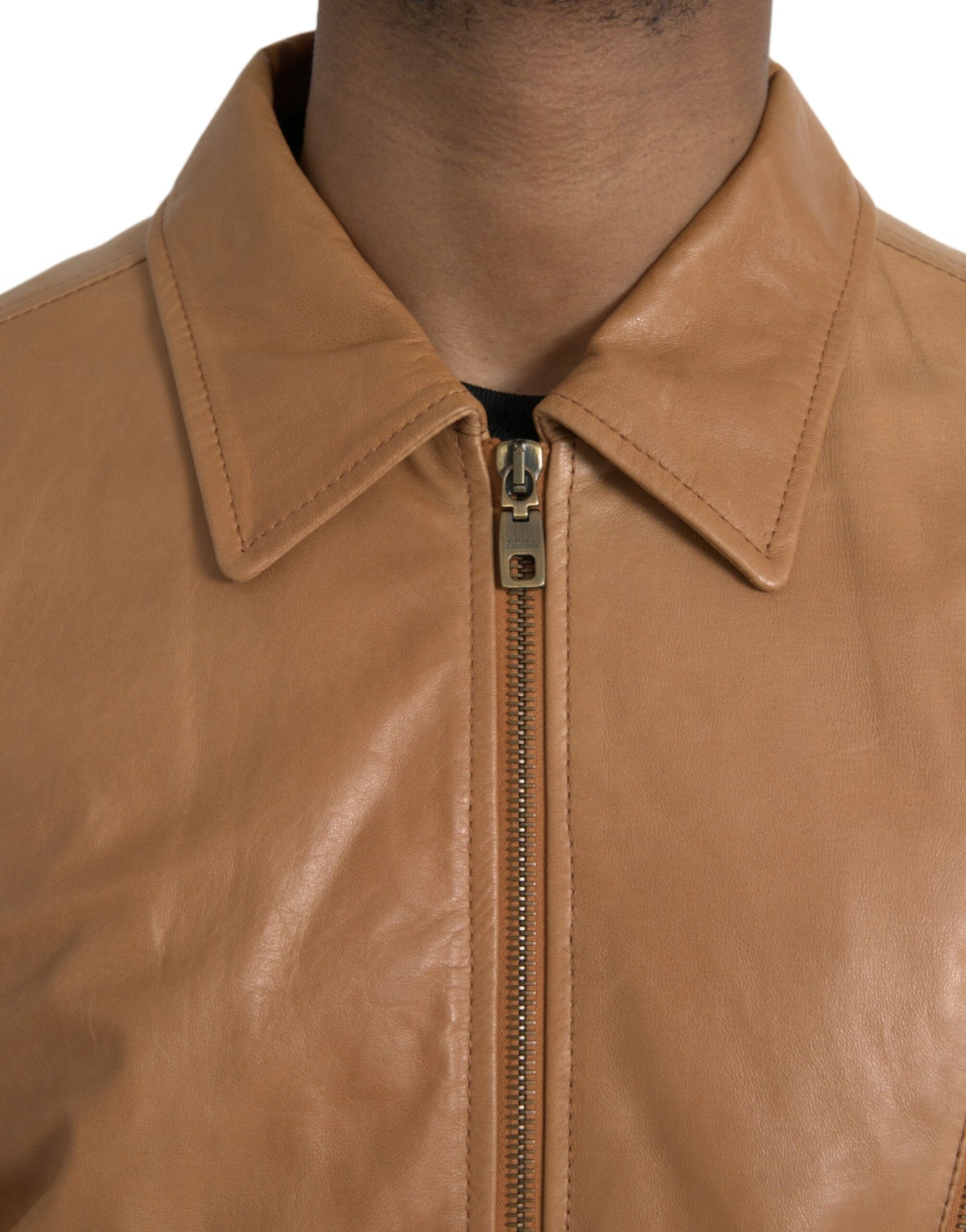 Dolce &amp; Gabbana Brown Lamb Leather Full Zip Blouson Jacket