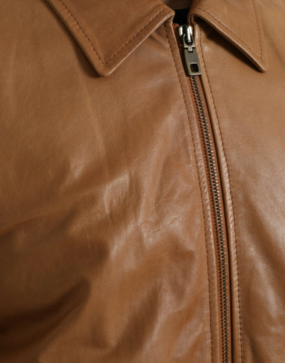 Dolce &amp; Gabbana Brown Lamb Leather Full Zip Blouson Jacket