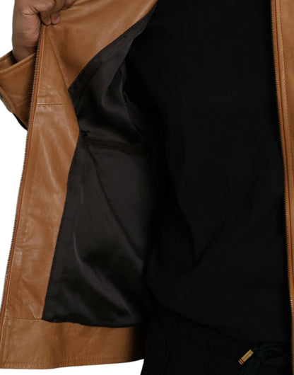 Dolce &amp; Gabbana Brown Lamb Leather Full Zip Blouson Jacket