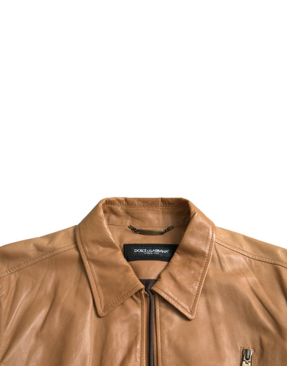 Dolce &amp; Gabbana Brown Lamb Leather Full Zip Blouson Jacket