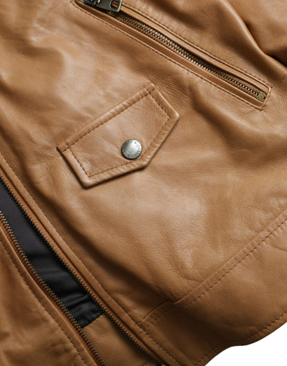 Dolce &amp; Gabbana Brown Lamb Leather Full Zip Blouson Jacket