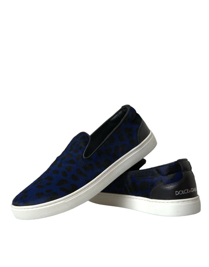 Dolce &amp; Gabbana Blue Calfskin Hair Leopard Sneakers Shoes