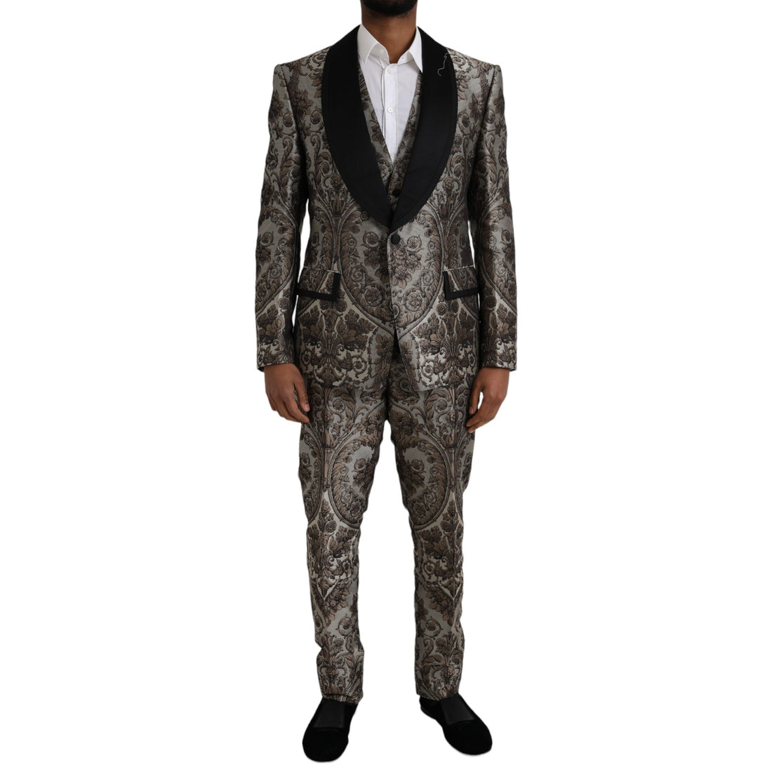 Dolce &amp;amp; Gabbana Brun Blommig Jacquard Kostym i 3 Delad Formell Kostym