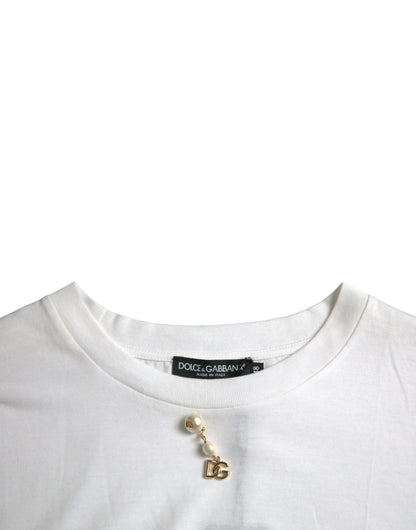 Dolce &amp;amp; Gabbana Vit utsmyckad bomulls-t-shirt med rund halsringning