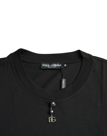 Dolce &amp;amp; Gabbana svart utsmyckad bomulls-t-shirt med rund halsringning