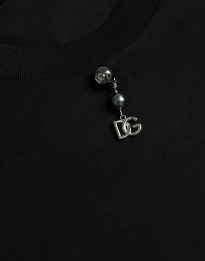 Dolce &amp;amp; Gabbana svart utsmyckad bomulls-t-shirt med rund halsringning