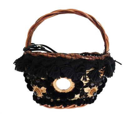 Dolce &amp; Gabbana Beige Straw Snakeskin Pom Pom Crystal AGNESE Bag