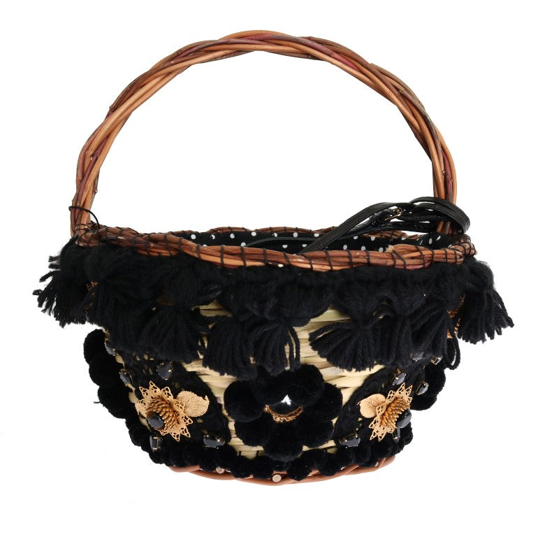 Dolce &amp; Gabbana Beige Straw Snakeskin Pom Pom Crystal AGNESE Bag