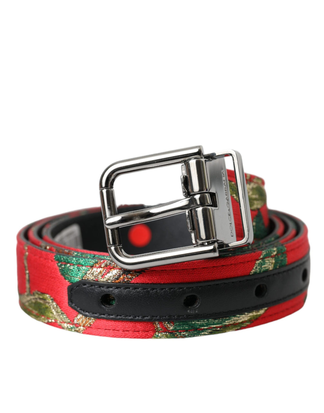 Dolce &amp;amp; Gabbana Rött Läderbälte med Jacquard Silverfärgad Metallspänne