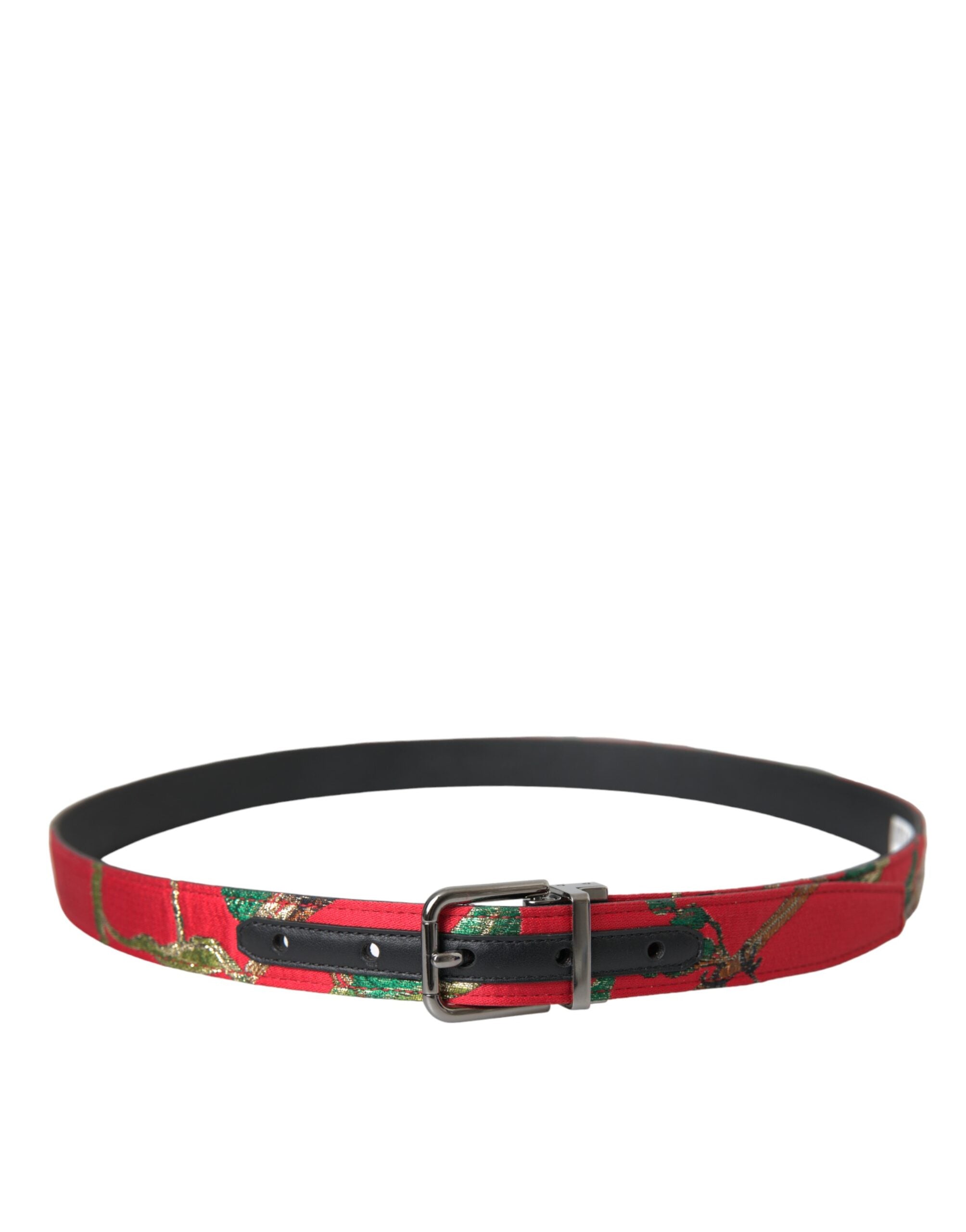 Dolce &amp;amp; Gabbana Rött Läderbälte med Jacquard Silverfärgad Metallspänne