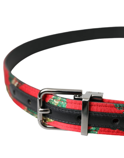 Dolce &amp;amp; Gabbana Rött Läderbälte med Jacquard Silverfärgad Metallspänne