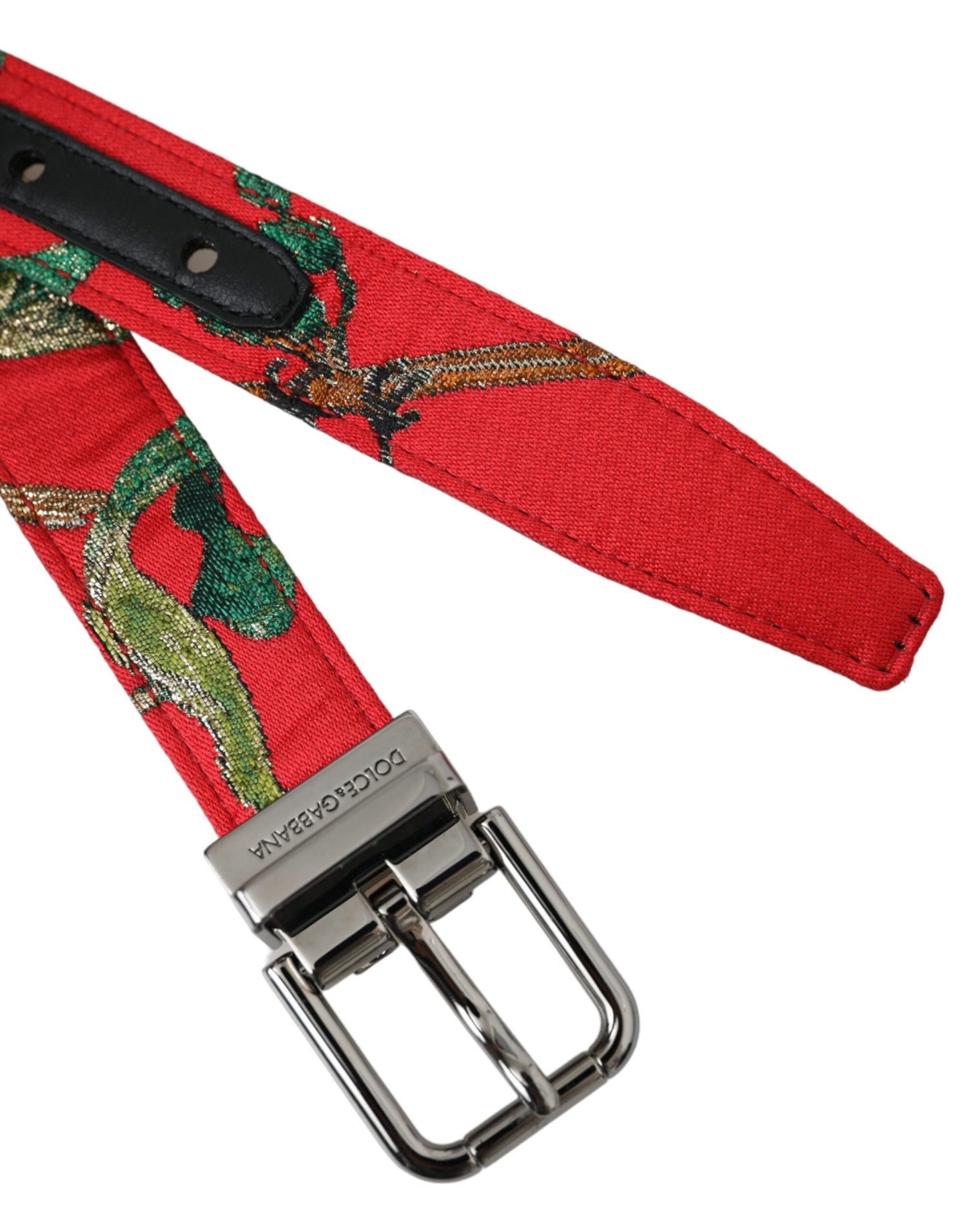 Dolce &amp;amp; Gabbana Rött Läderbälte med Jacquard Silverfärgad Metallspänne