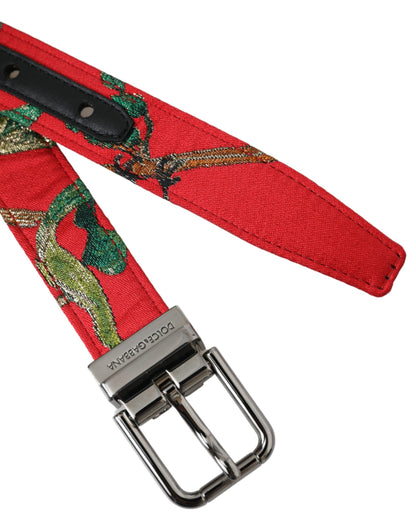 Dolce &amp;amp; Gabbana Rött Läderbälte med Jacquard Silverfärgad Metallspänne