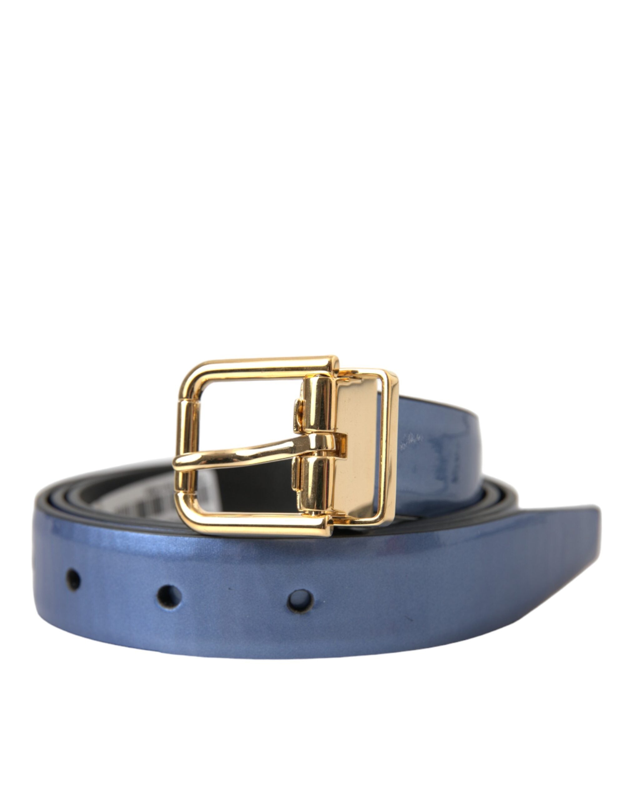 Dolce &amp;amp; Gabbana Metallic Blå Läderbälte med Guldfärgad Metallspänne