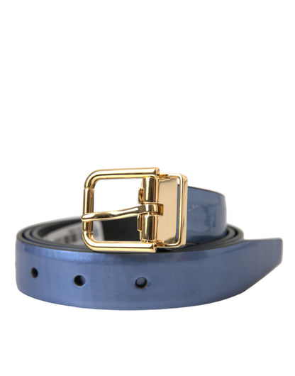 Dolce &amp;amp; Gabbana Metallic Blå Läderbälte med Guldfärgad Metallspänne