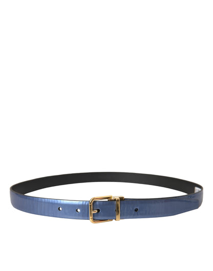 Dolce &amp;amp; Gabbana Metallic Blå Läderbälte med Guldfärgad Metallspänne