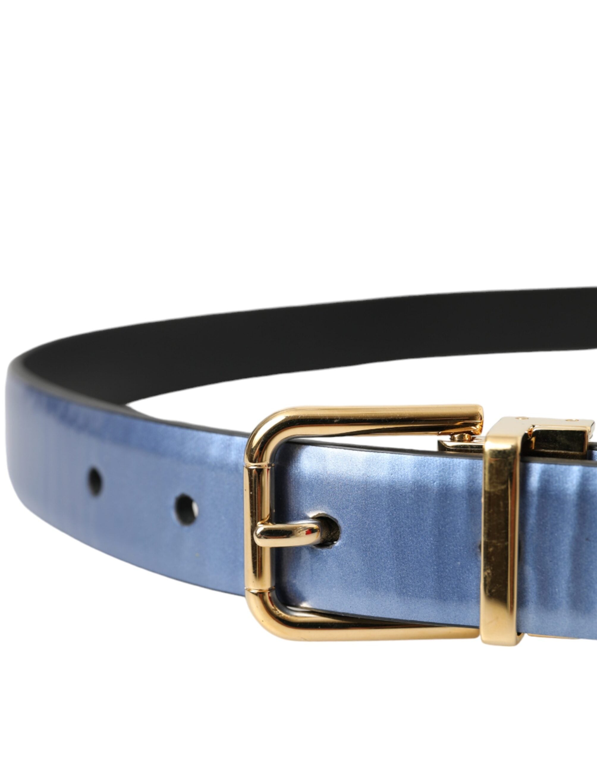 Dolce &amp;amp; Gabbana Metallic Blå Läderbälte med Guldfärgad Metallspänne