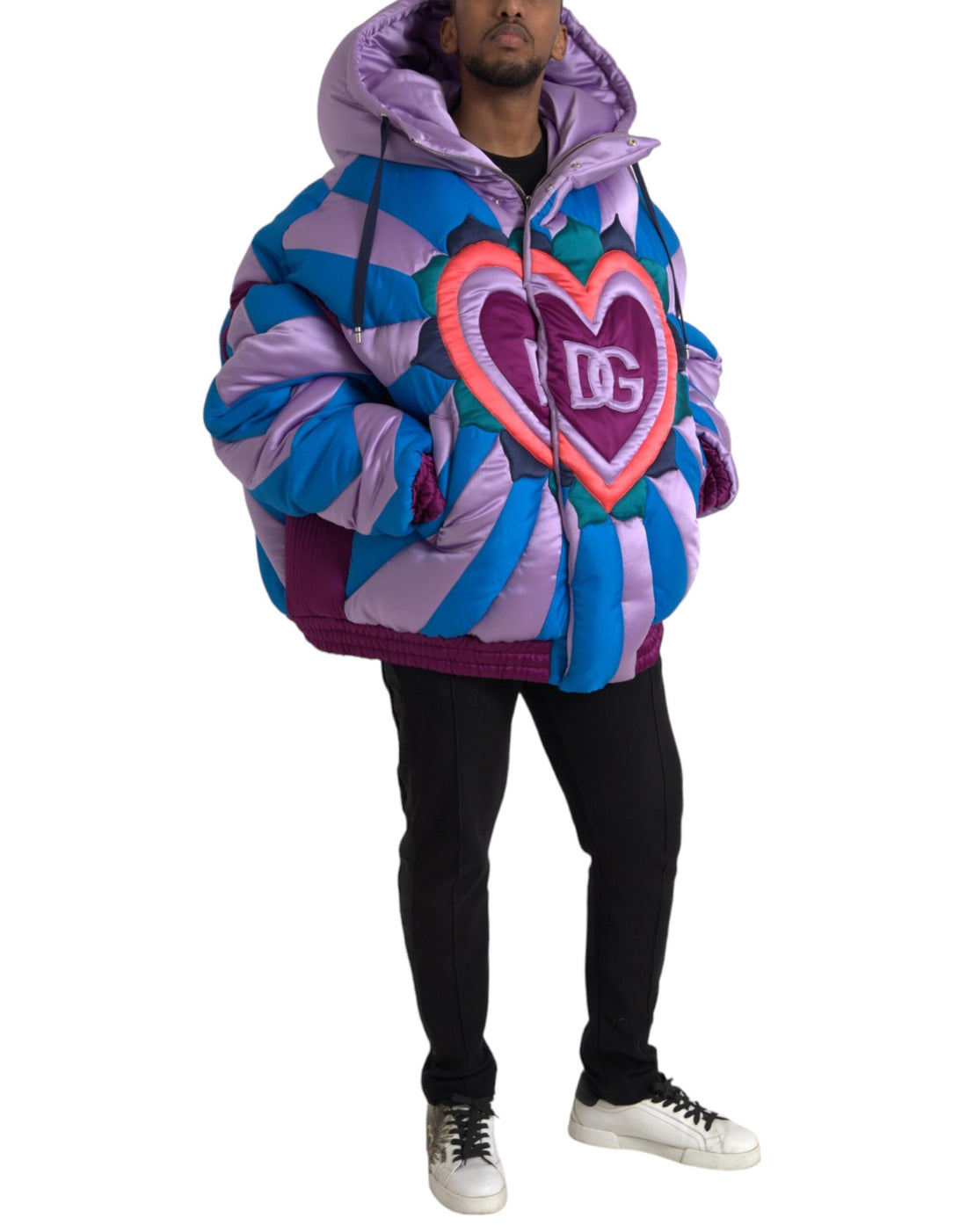 Dolce &amp; Gabbana Multicolor Heart Logo Hooded Puffer Jacket
