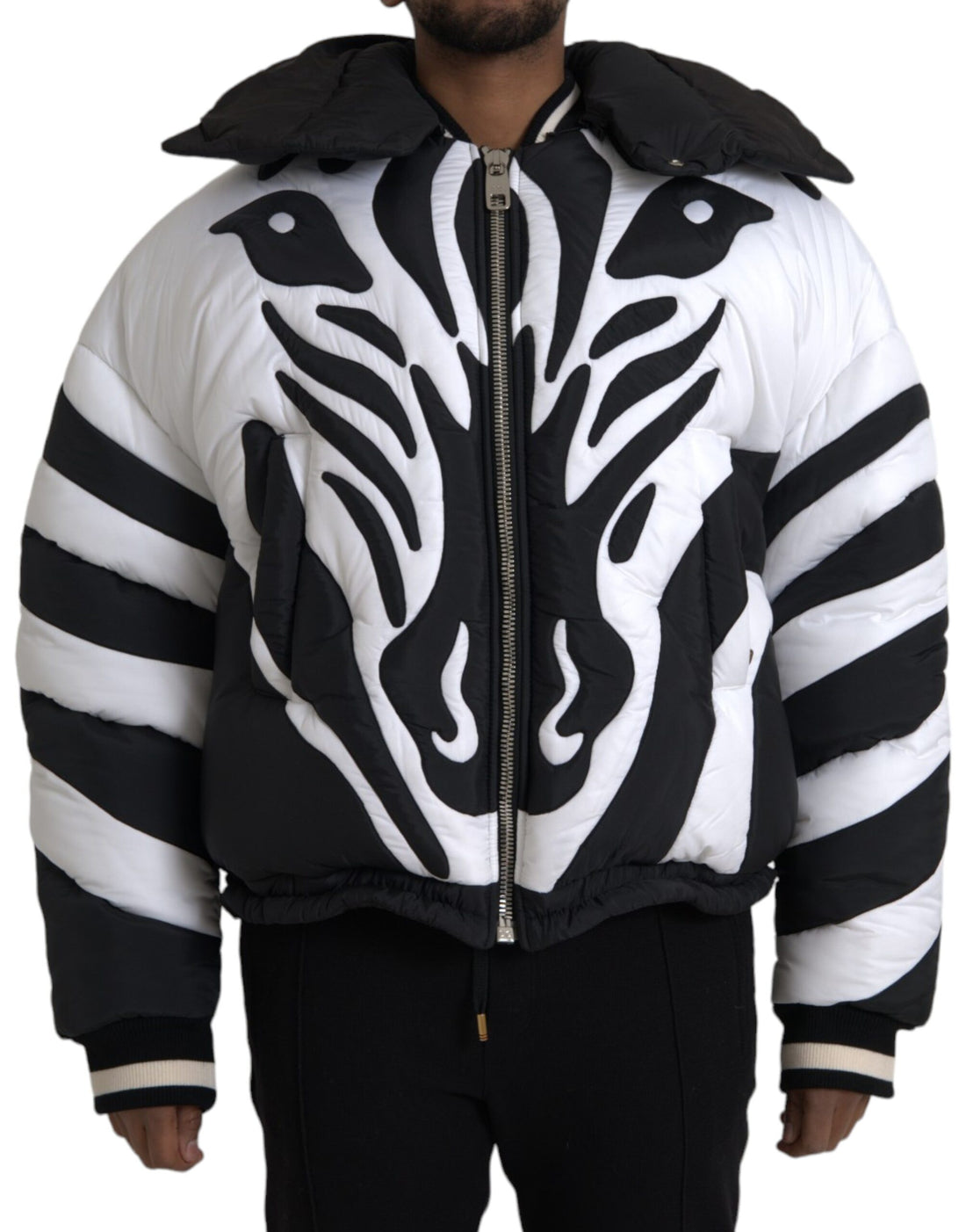 Dolce &amp; Gabbana Black White Stripes Hooded Puffer Jacket