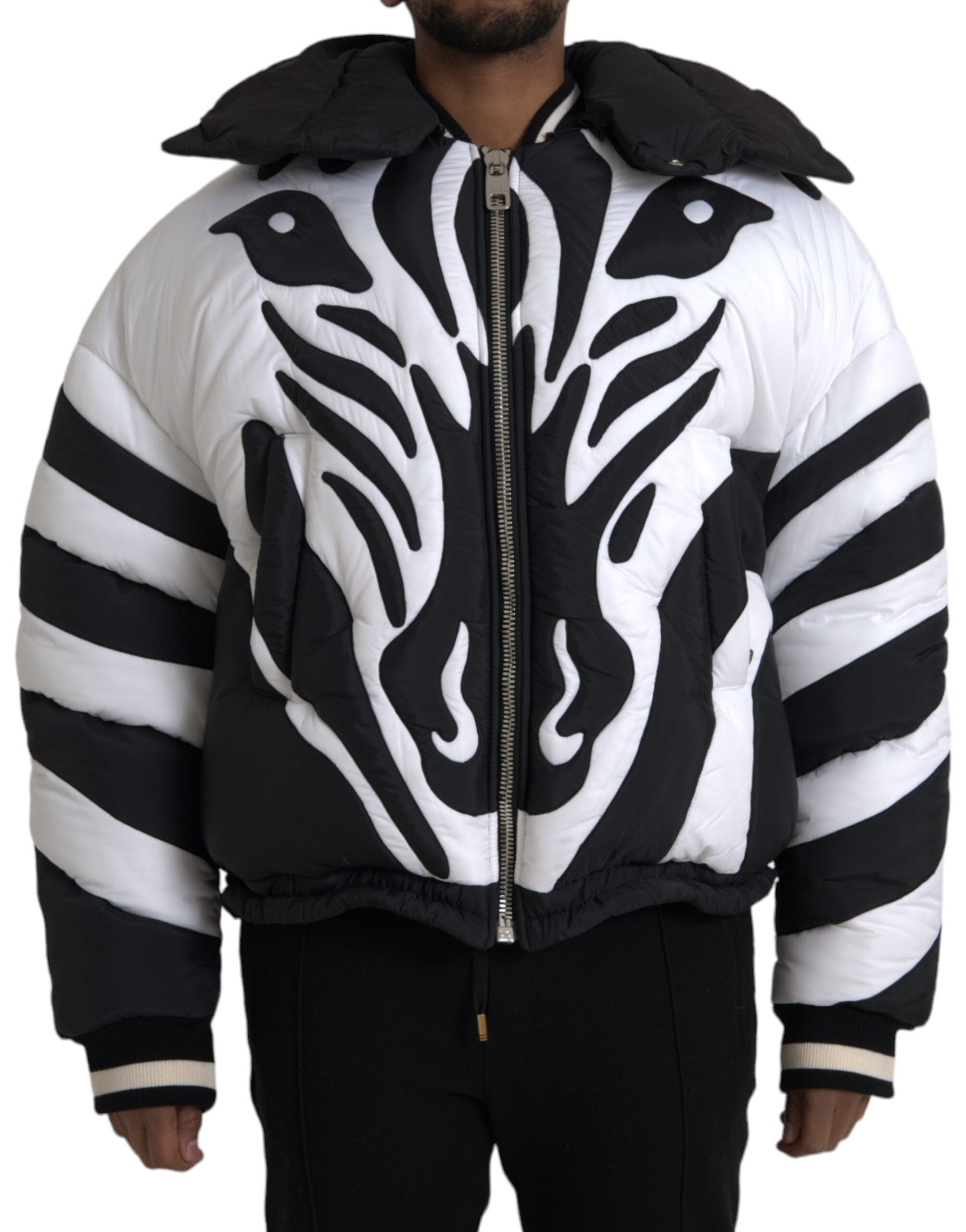 Dolce &amp; Gabbana Black White Stripes Hooded Puffer Jacket