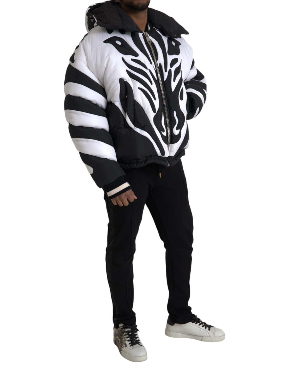 Dolce &amp; Gabbana Black White Stripes Hooded Puffer Jacket