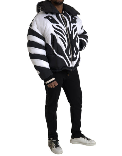 Dolce &amp; Gabbana Black White Stripes Hooded Puffer Jacket