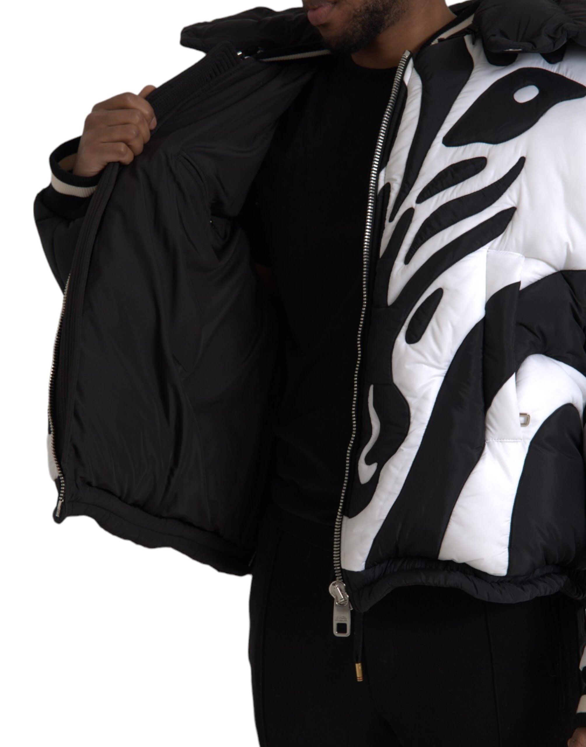 Dolce &amp; Gabbana Black White Stripes Hooded Puffer Jacket