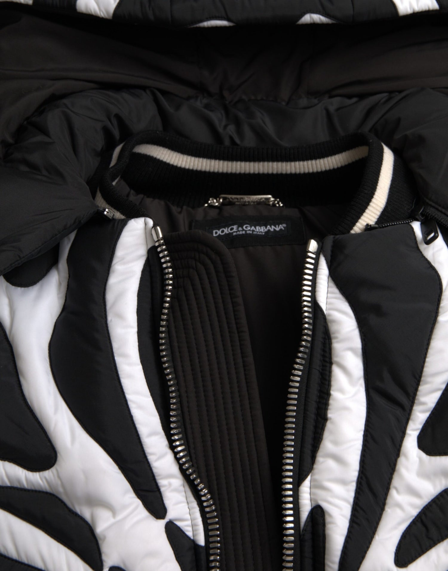 Dolce &amp; Gabbana Black White Stripes Hooded Puffer Jacket