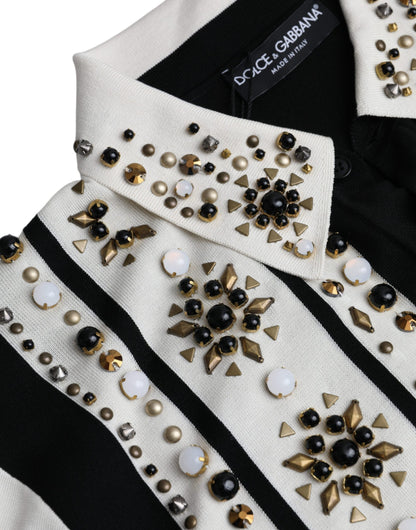 Dolce &amp;amp; Gabbana Vit Svart Sidenskjorta med Nitar och Kristaller