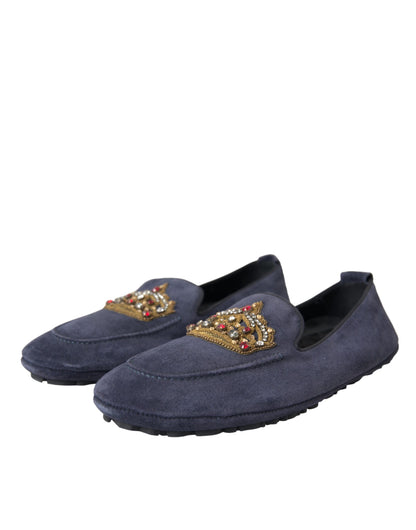 Dolce &amp;amp; Gabbana Blå Lädermocka Kristallkrona Loafers Skor
